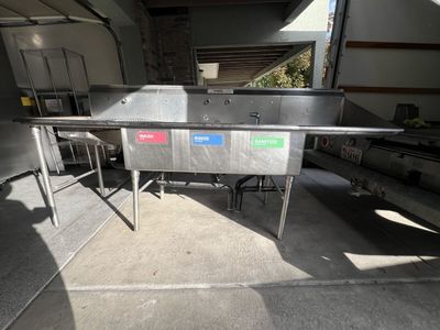 Commercial Stainless Steel 3-Compartment Sink with Dual Drainboards & Pre-Rinse Faucet