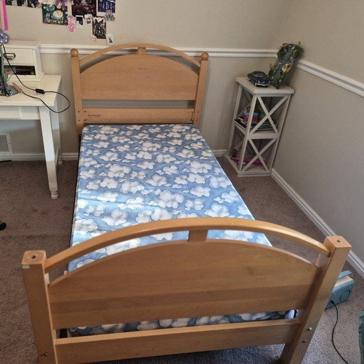 Ethan Allen XL Twin Wooden Bed Frame - Natural Finish, Arched Headboard & Footboard