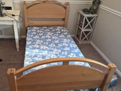Ethan Allen XL Twin Wooden Bed Frame - Natural Finish, Arched Headboard & Footboard