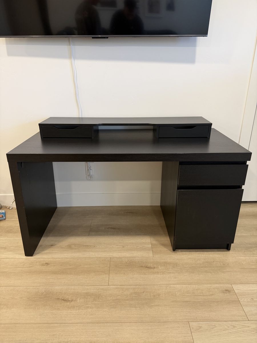 Black IKEA Desk with Storage & Monitor Riser