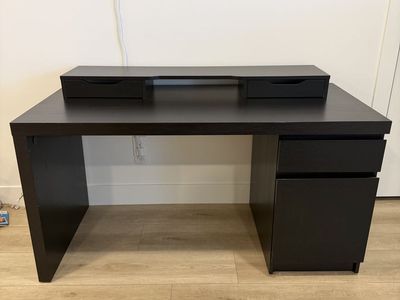 Black IKEA Desk with Storage & Monitor Riser