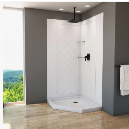 DreamLine SlimLine 42 in. x 42 in. Neo-Angle Shower Pan Base in White with Off-Center Drain and Back-Walls
