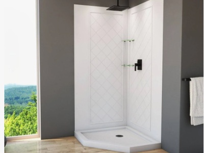 DreamLine SlimLine 42 in. x 42 in. Neo-Angle Shower Pan Base in White with Off-Center Drain and Back-Walls
