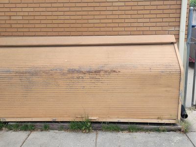 Outdoor Storage Shed - Tan Metal Roll-Up Door, Weather-Resistant, Durable