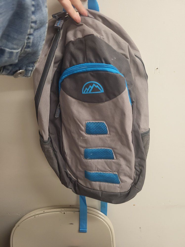 Gray and Blue Backpack with Front Zip Pocket