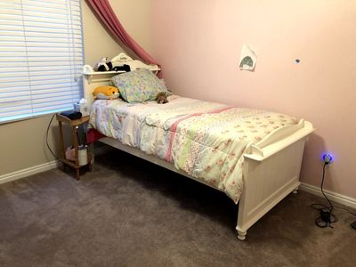 White Twin Bed with Decorative Details (both mattresses included)