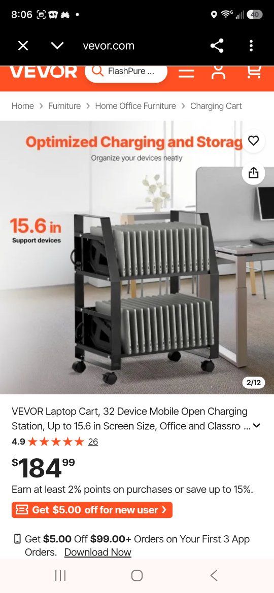 VEVOR Laptop Cart 32 Device Mobile Open Charging Station Up To 15.6 in