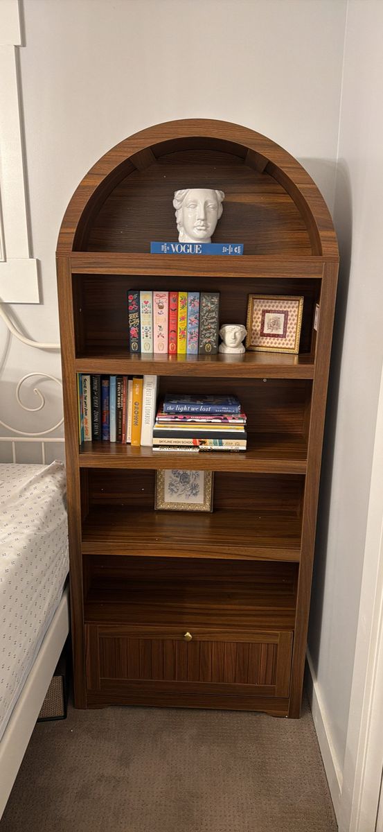 Stylish Arched Bookshelf with Storage Drawer - Dark Wood Finish