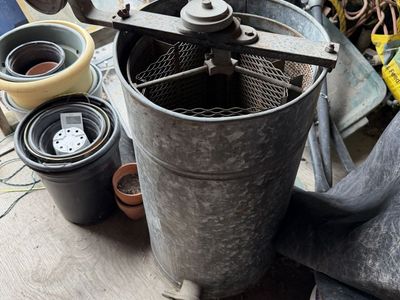 Vintage Galvanized Honey Extractor - Manual Hand Crank Bee Keeping Equipment
