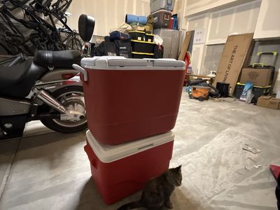 2 Red and White Plastic Coolers - Various Sizes for Outdoor Activities
