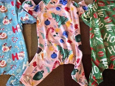 3 cute dog Christmas onesies