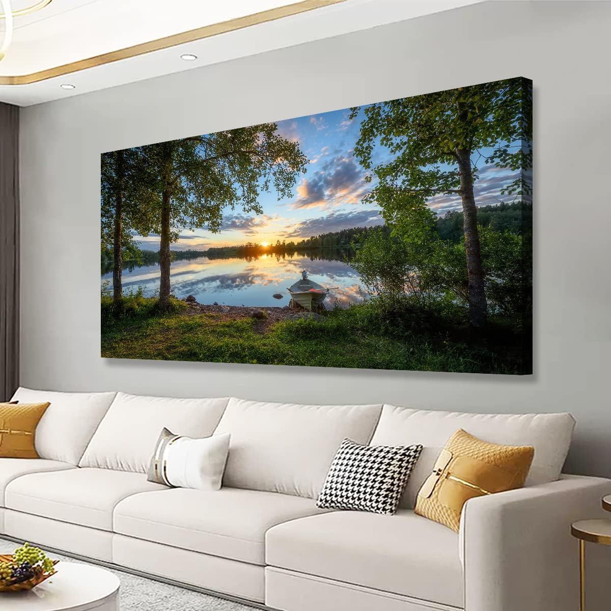 Tree Canvas Wall Art of a Sunrise Over a Forest Lake 28x57 inches