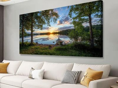 Tree Canvas Wall Art of a Sunrise Over a Forest Lake 28x57 inches