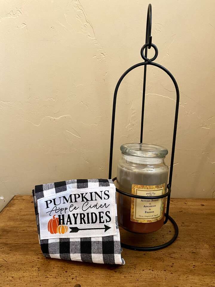 NEW Large 17” Metal Hanging Candle Holder with a Beautiful Towel and A Triple Scented Candle - See Photos
