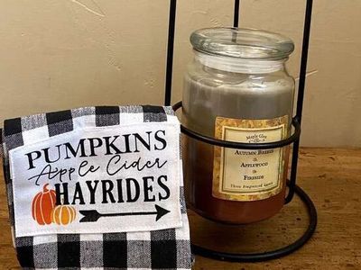 NEW Large 17” Metal Hanging Candle Holder with a Beautiful Towel and A Triple Scented Candle - See Photos