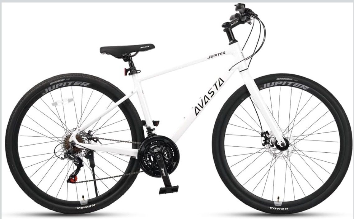 Jupiter Avasta Hybrid Bike 21-Speed Disc Brakes Lightweight Rigid Suspension White 19.5”