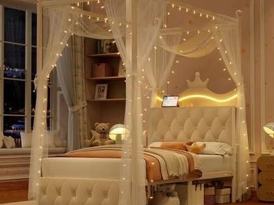 Hiphuta Twin Canopy Bed with Outlet & LED, White