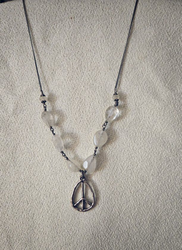 Silver Tone Peace Sign Pendant Necklace with Clear Quartz Beads