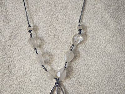 Silver Tone Peace Sign Pendant Necklace with Clear Quartz Beads