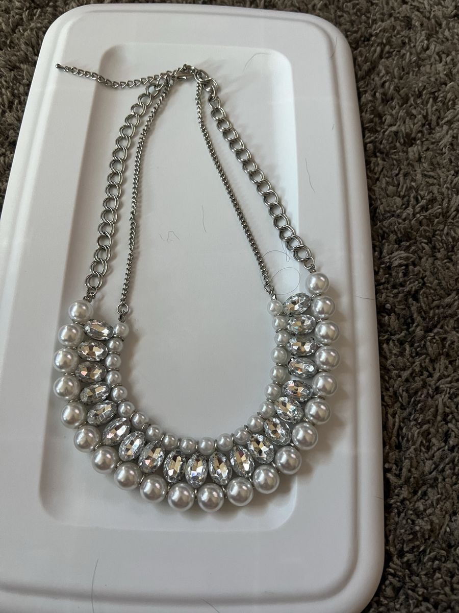 Chunky Silver-Tone Faux Pearl & Rhinestone Statement Necklace