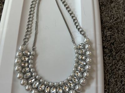 Chunky Silver-Tone Faux Pearl & Rhinestone Statement Necklace