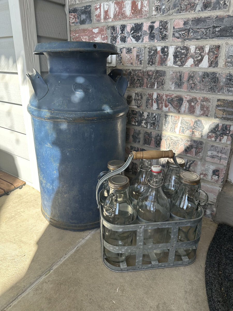 Vintage French Metal Bottle Carrier with 6 Glass Qt Bottles, Wooden Handle