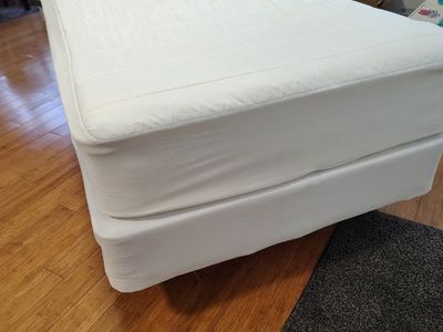 Twin mattress, box spring, and bed frame. $75 OBO