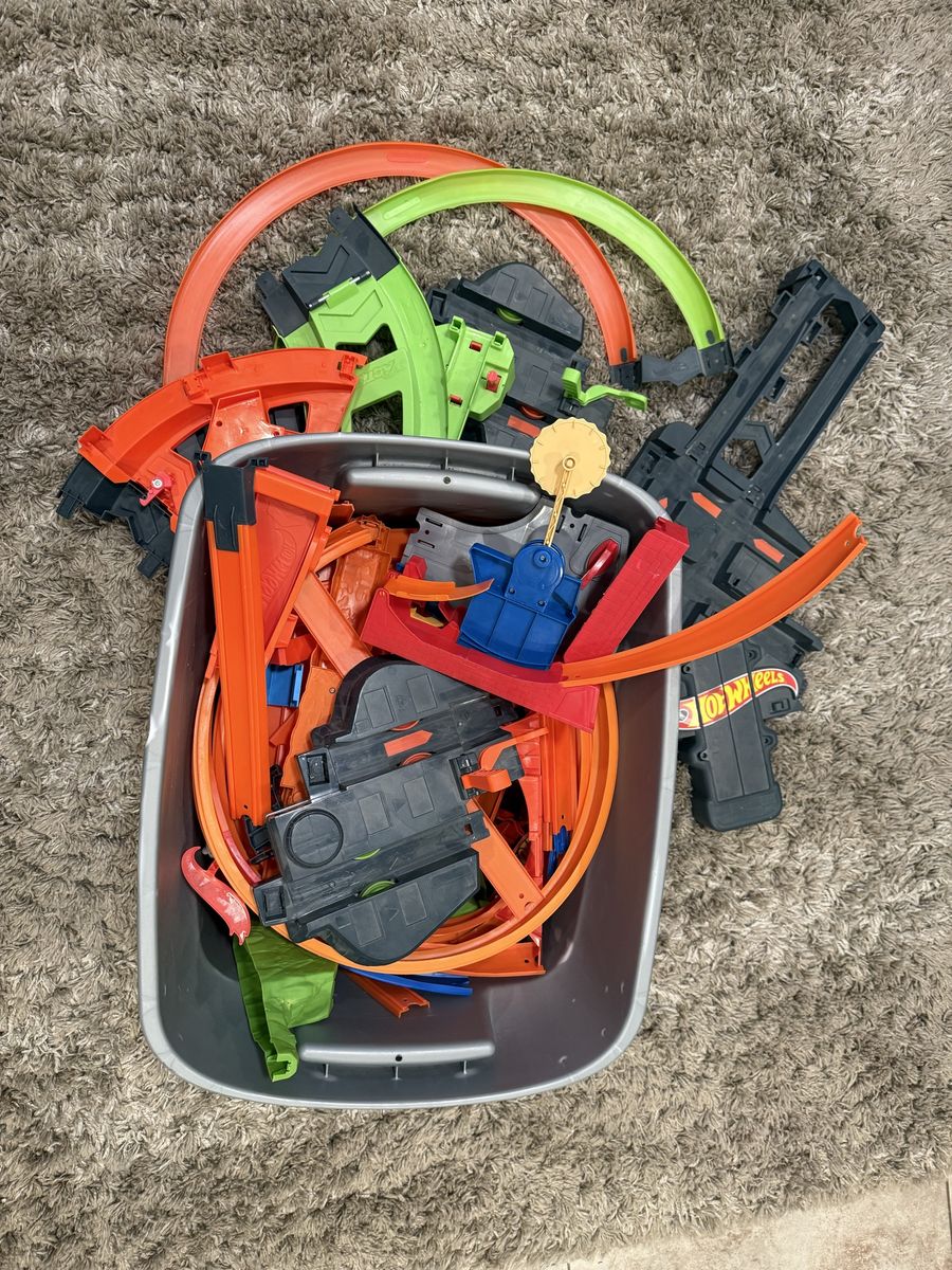 Hot Wheels Track Builder Unlimited Parts & Accessories Lot w/ Launcher & Storage Bin