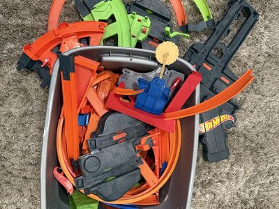 Hot Wheels Track Builder Unlimited Parts & Accessories Lot w/ Launcher & Storage Bin