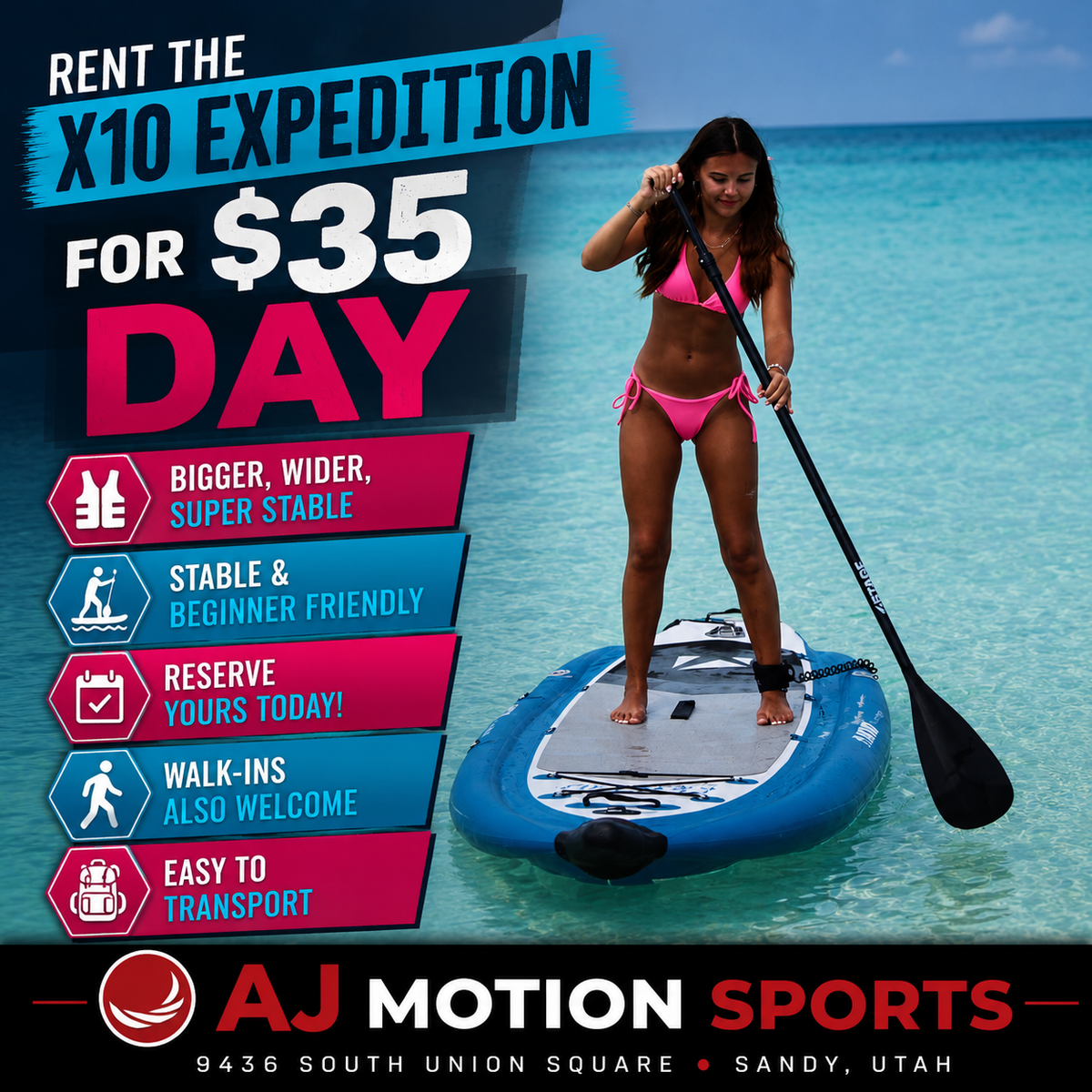 Rent the New X10 Expedition Paddle Board – Only $35/Day at AJ Motion Sports!