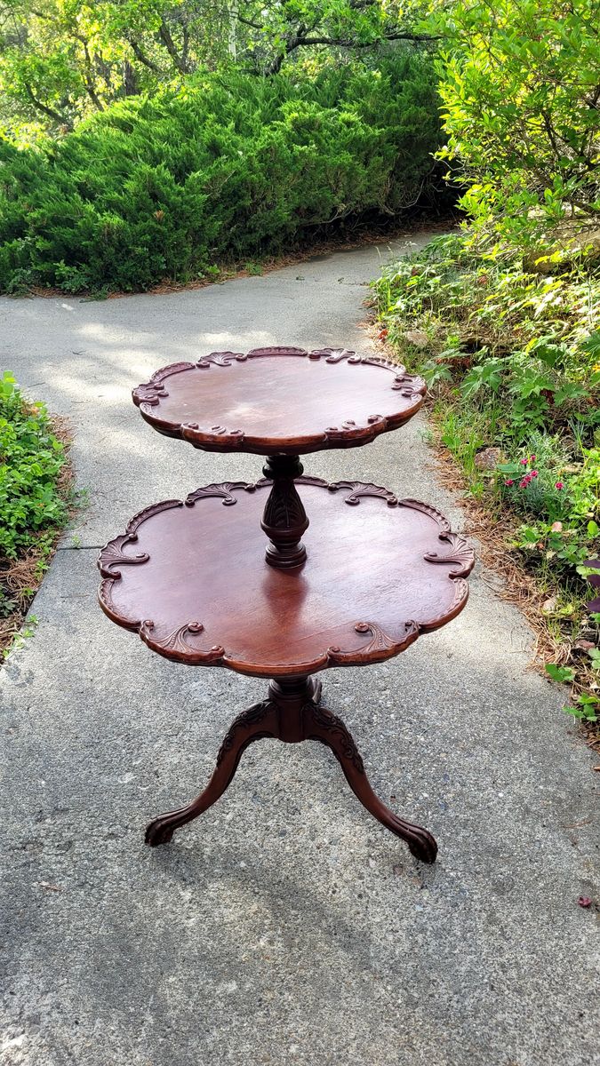 Vintage Two-Tier Carved Wood Display Table