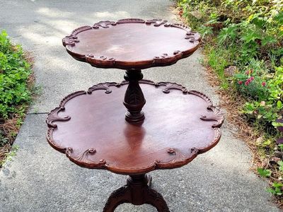 Vintage Two-Tier Carved Wood Display Table