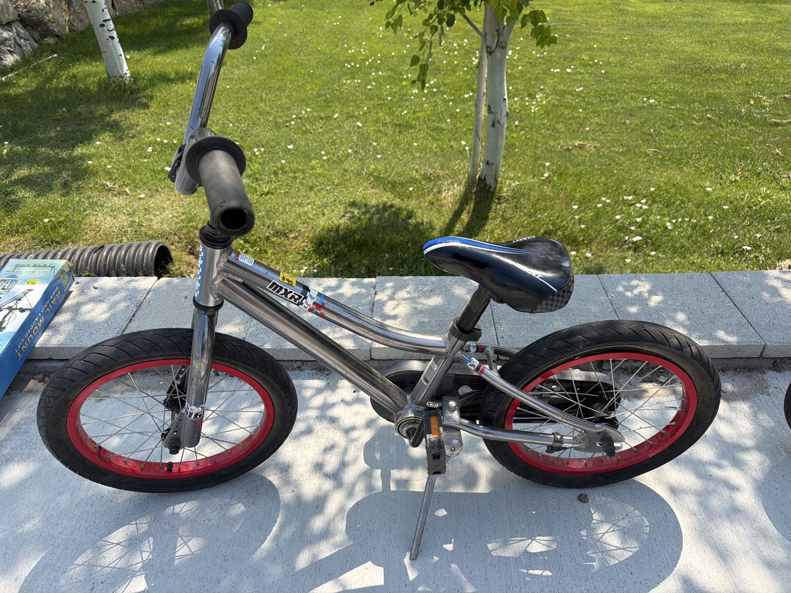 MXR Kids' BMX Style Bicycle - Silver Frame, Red Wheels, Blue/Black Seat