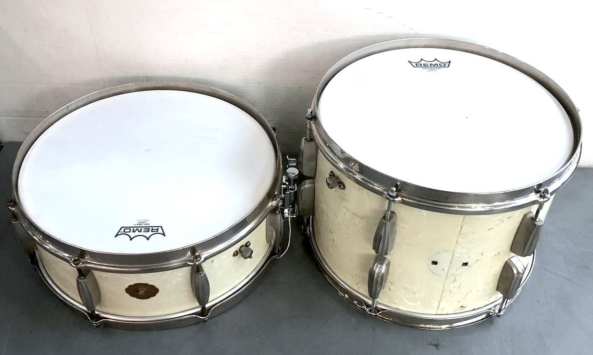 1940s Slingerland Radio King Snare + 10x14 Tom_ White Marine Pearl Matching Pair