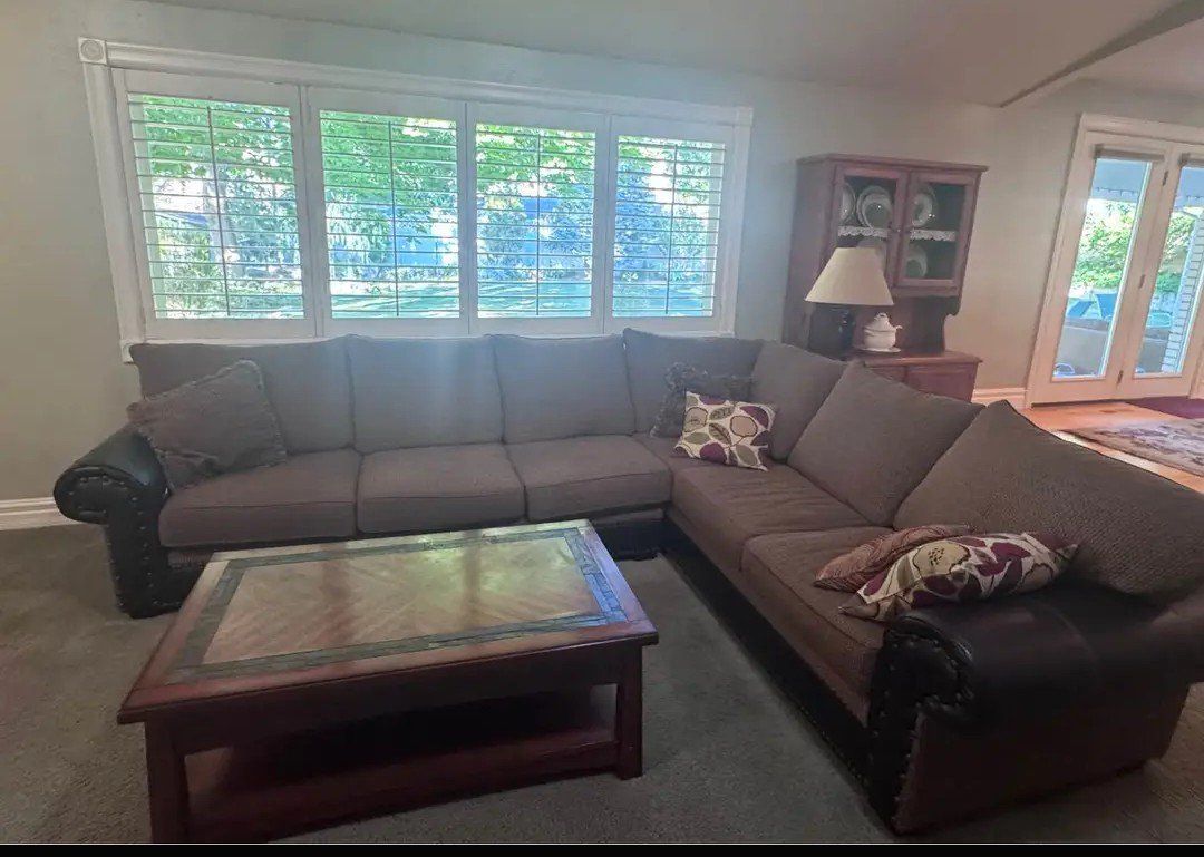 Brown Fabric & Dark Leather Sectional Sofa with Nailhead Trim - Spacious L-Shape Couch