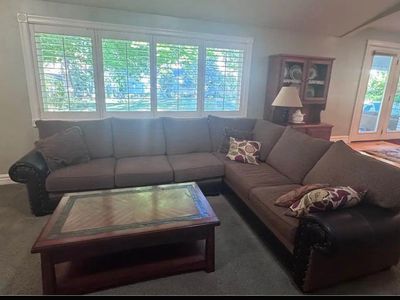Brown Fabric & Dark Leather Sectional Sofa with Nailhead Trim - Spacious L-Shape Couch