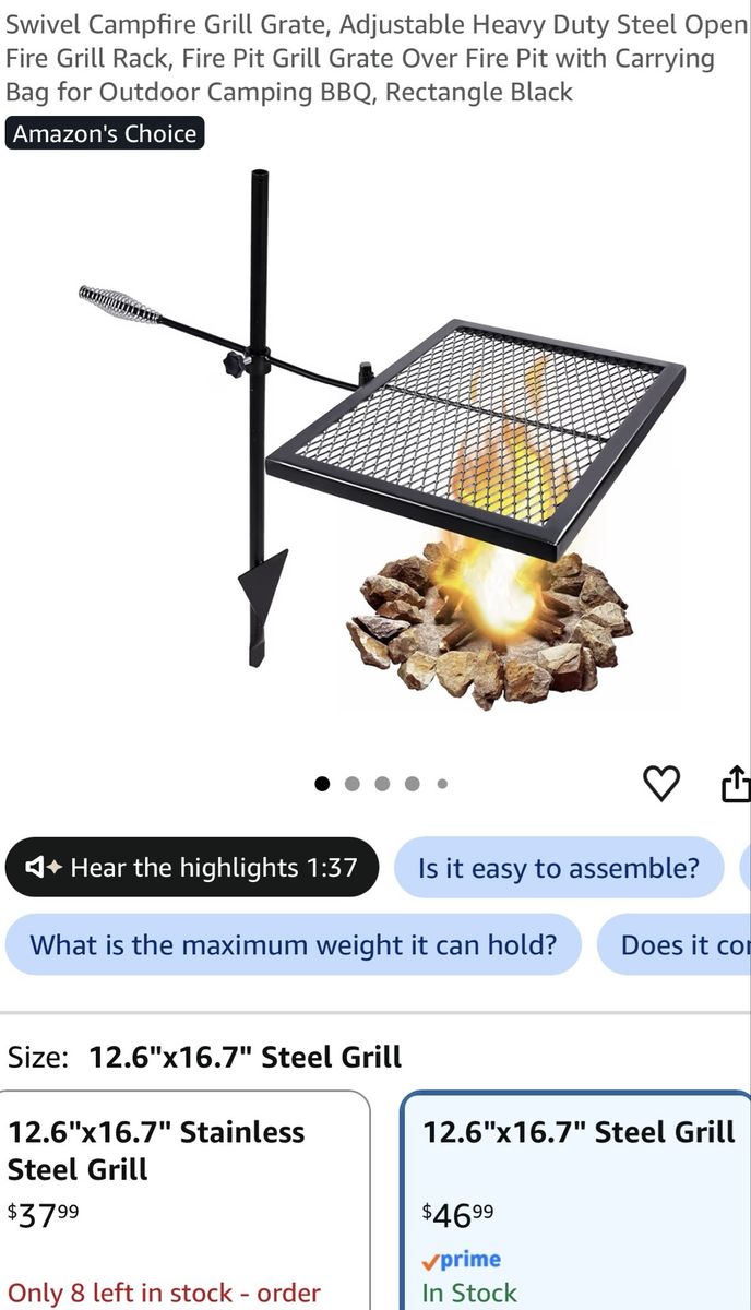 Heavy Duty Steel Swivel Campfire Grill Grate, Adjustable Fire Pit Grill, Outdoor Camping BBQ, Rectangle Black