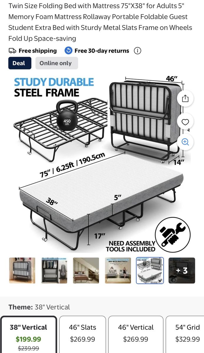Twin Size Folding Bed with 5" Memory Foam Mattress, Rollaway Guest Bed with Sturdy Metal Slats Frame on Wheels