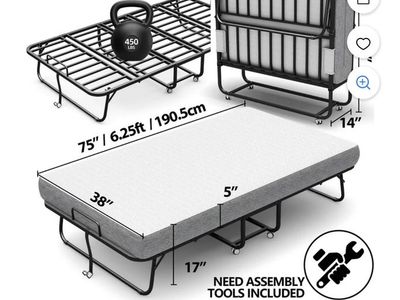 Twin Size Folding Bed with 5" Memory Foam Mattress, Rollaway Guest Bed with Sturdy Metal Slats Frame on Wheels