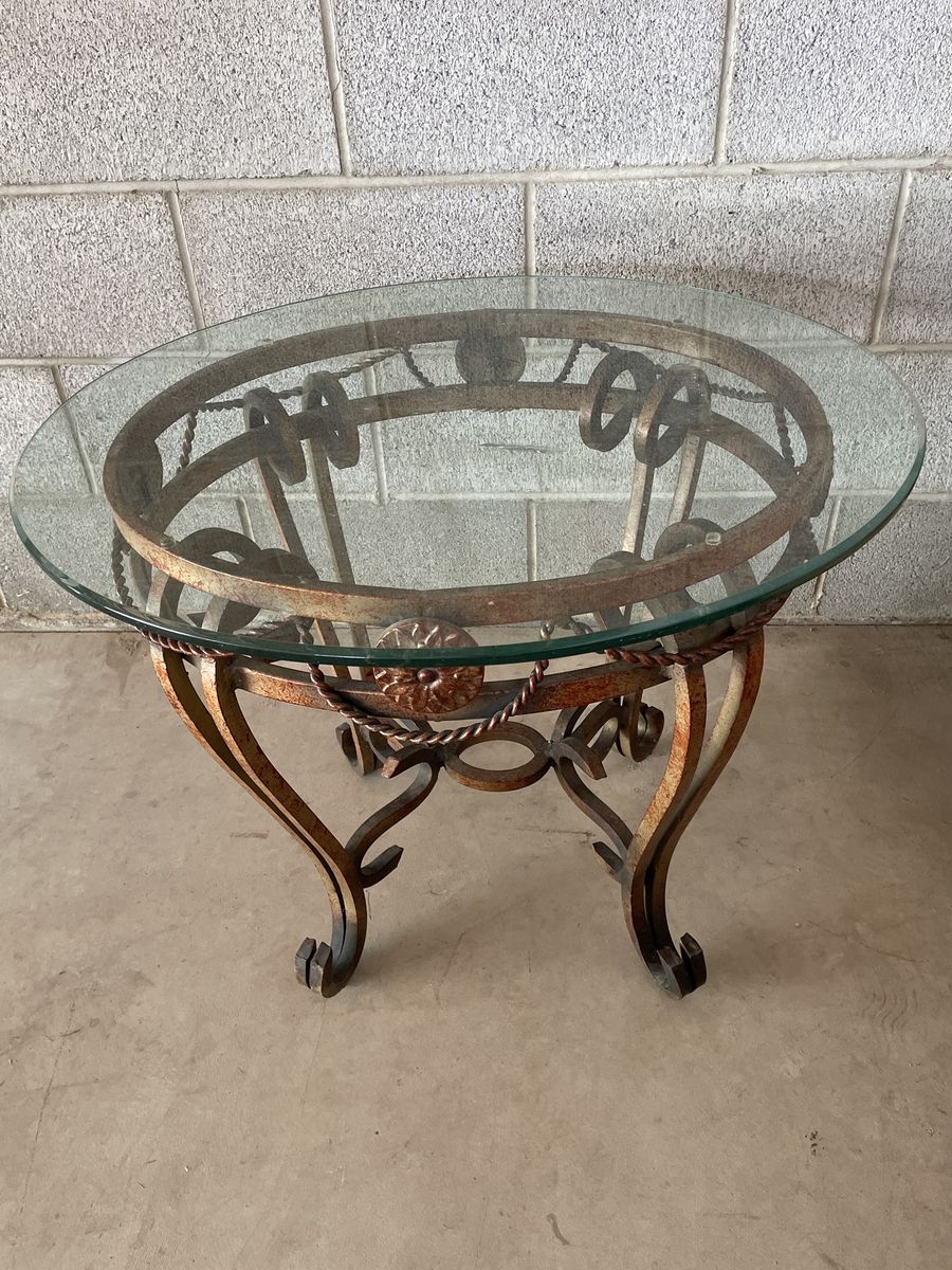 Rustic Cast Iron & Glass End Table - Wrought Iron Style