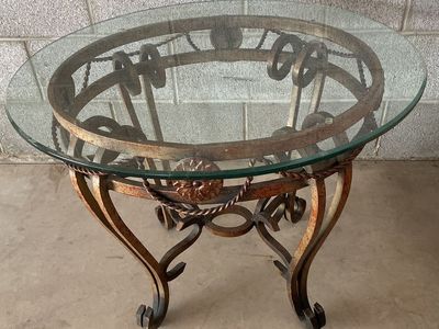 Rustic Cast Iron & Glass End Table - Wrought Iron Style