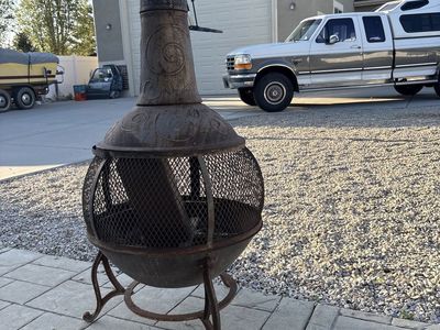 Vintage Metal Chiminea Outdoor Patio Heater Fire Pit - Rustic Wrought Iron Design