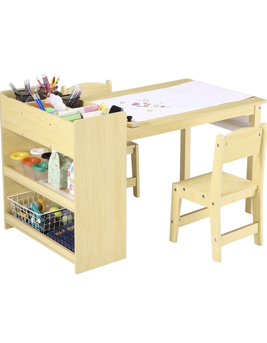 Garvee Kids Art Table with 2 Chairs, Toddler Craft Play Wood Activity Desk with Large Storage Shelves