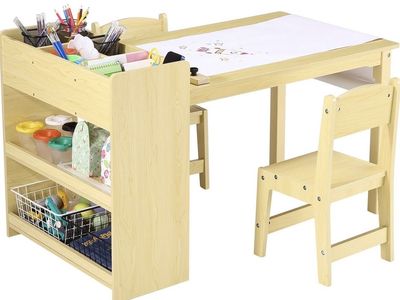 Garvee Kids Art Table with 2 Chairs, Toddler Craft Play Wood Activity Desk with Large Storage Shelves