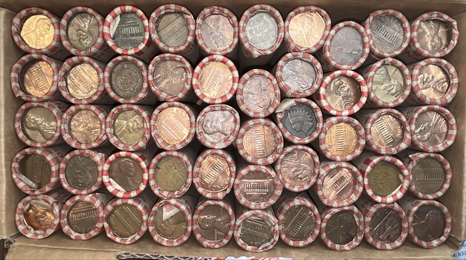 Full Box of Rolled Memorial Lincoln, Wheat & Indian Head US Pennies Cents Collection Lot
