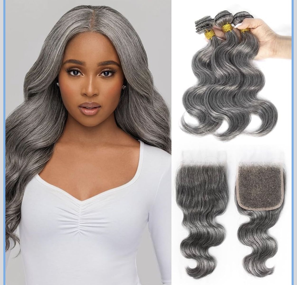 Silver Gray Body Wave Hair Bundles with Closure Unprocessed Human Hair