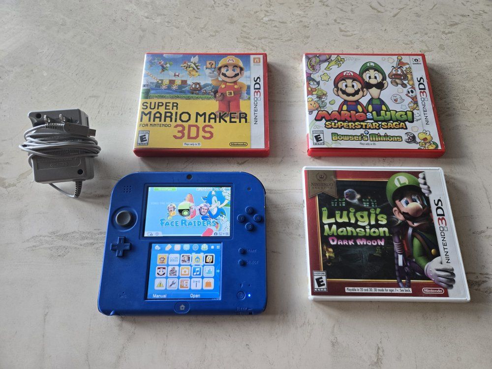 Nintendo 2DS Blue Handheld Console Bundle with Charger and Games