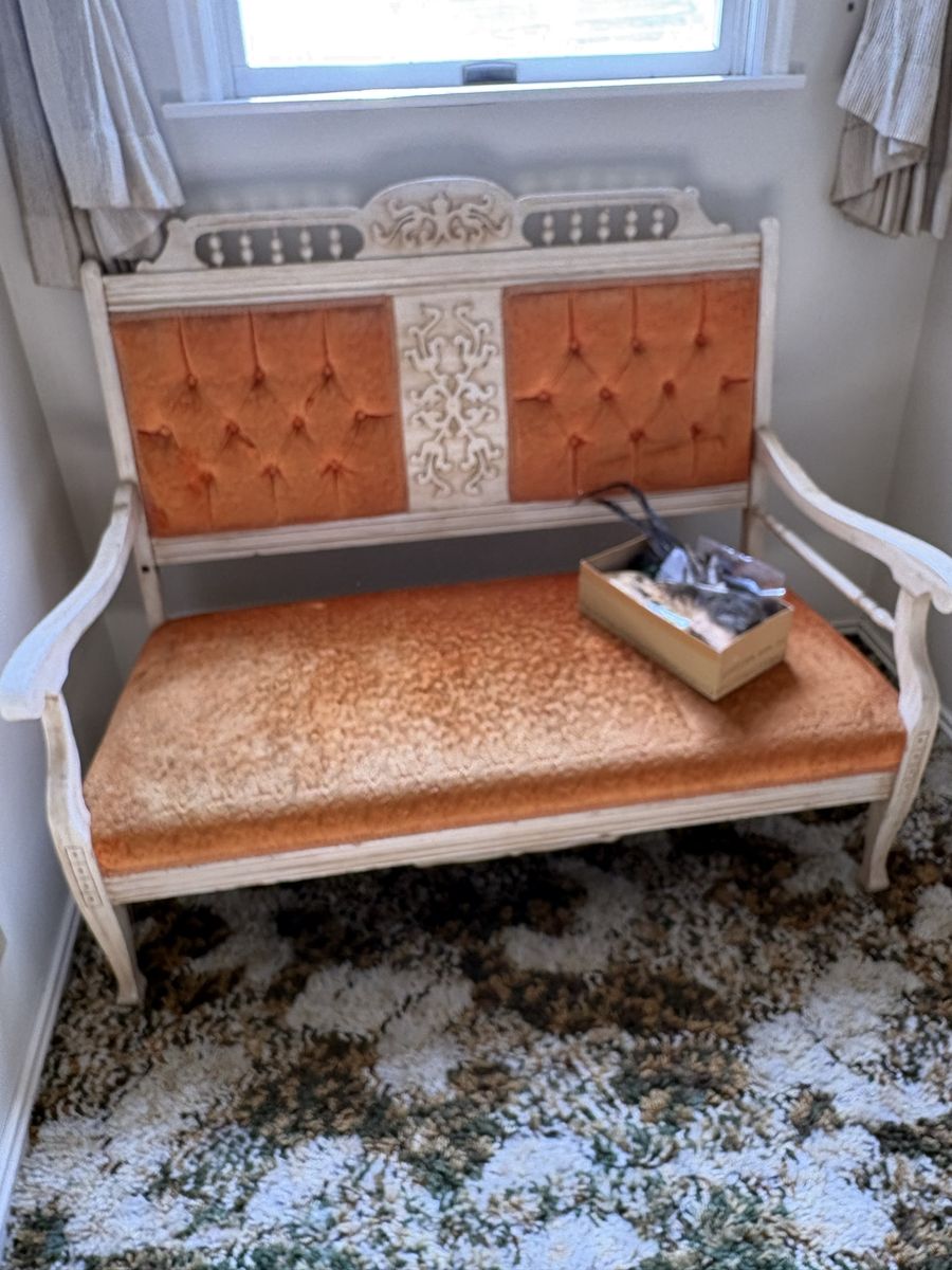 Vintage Ornate Wood Frame Tufted Orange Velvet Bench Settee Entryway Accent Furniture