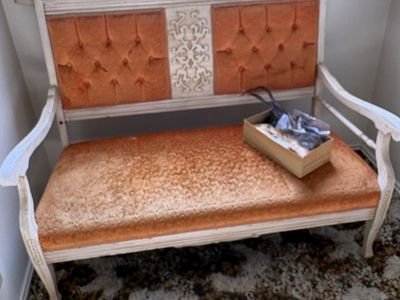 Vintage Ornate Wood Frame Tufted Orange Velvet Bench Settee Entryway Accent Furniture