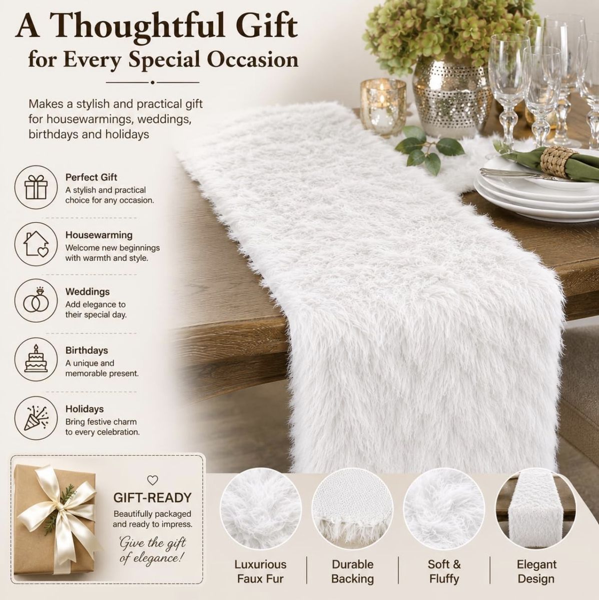 White Faux Fur Table Runner - Soft Fluffy Decorative Runner for Dining Table & Holidays